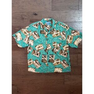 Bermuda Bay Mens XXL 100% Silk Tropical Polaroid Map Camp Shirt Turquoise